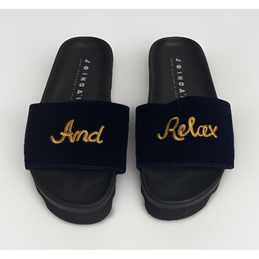 JOSHUA'S Luxury Navy Blue Velvet Embroidered Slide Sandals Womens Size 35EU 5US